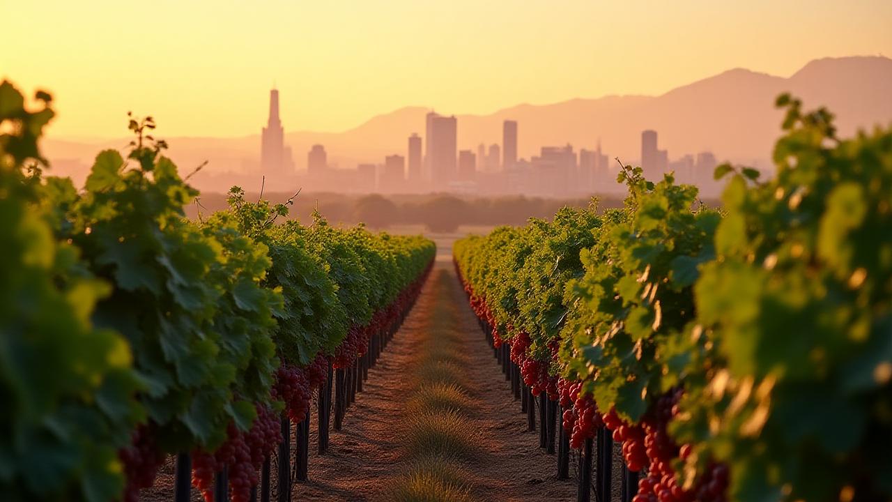 Lush Italian vineyard merging into a modern Milanese skyline