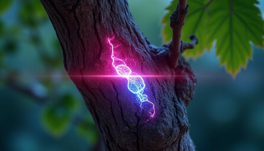 Macro photo of a grapevine trunk with overlay graphics showing nutrient flow analysis by AI