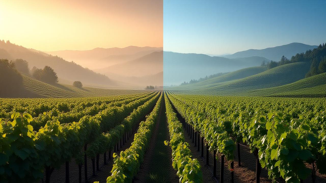 Panoramic split view comparing the misty Langhe hills of Piedmont with the sun-drenched Franciacorta estates