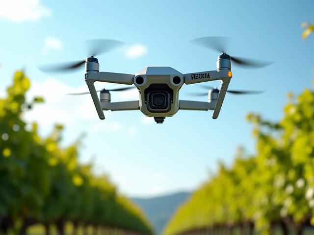 Multispectral drone flying over a verdant Franciacorta vineyard block